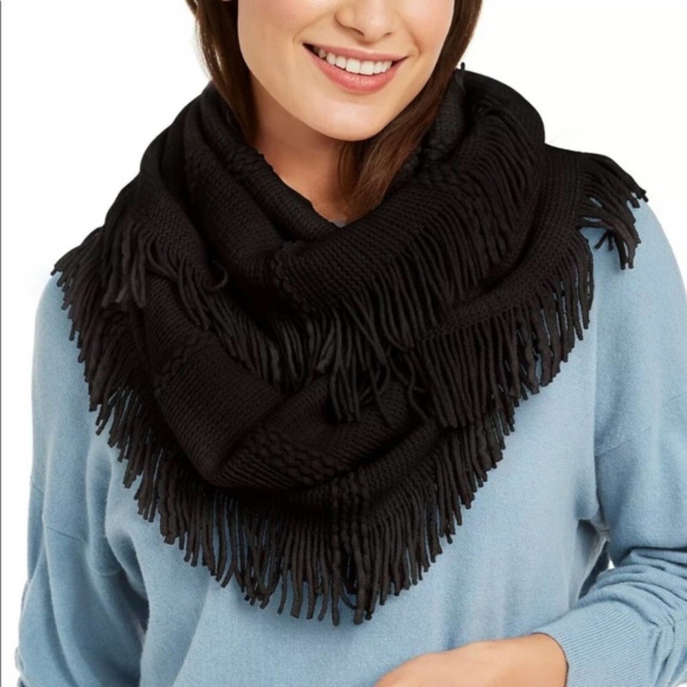INC Black Raschel-Knit Loop Fringe Scarf